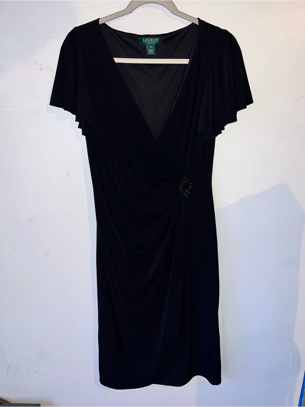 Ralph Lauren Black Midi Draped V-Neck Dress with Side Embellishment